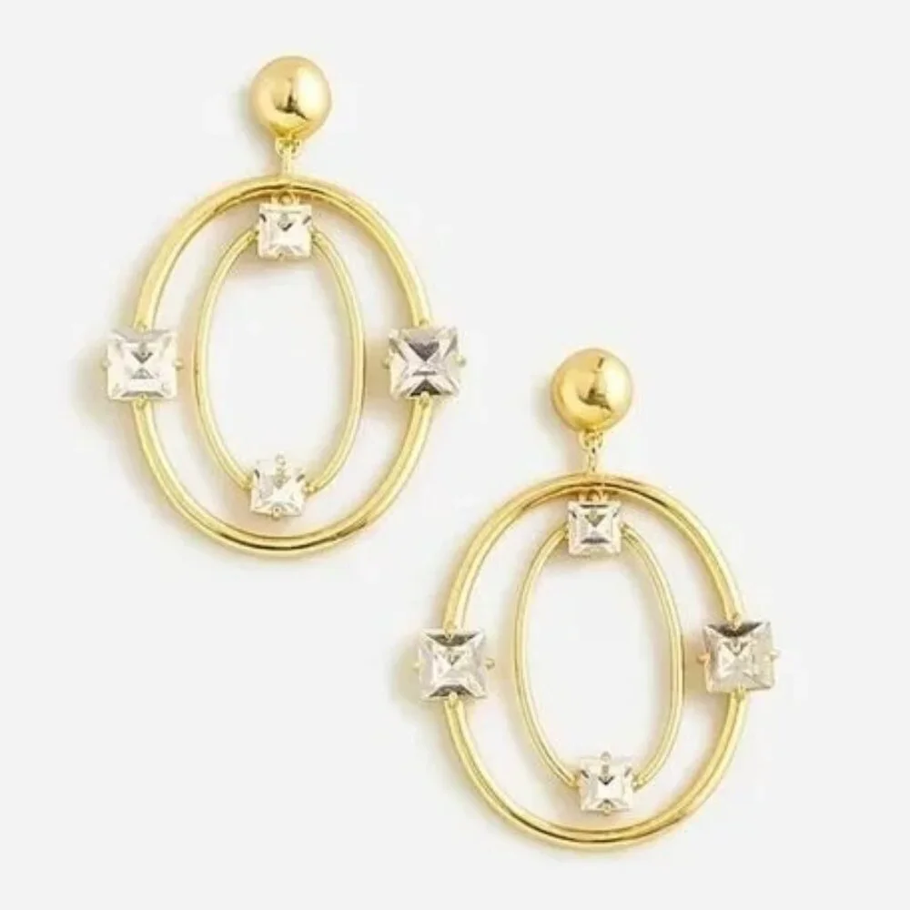 J. Crew Gold Double Oval Crystal Hoops Statement Earrings NWT